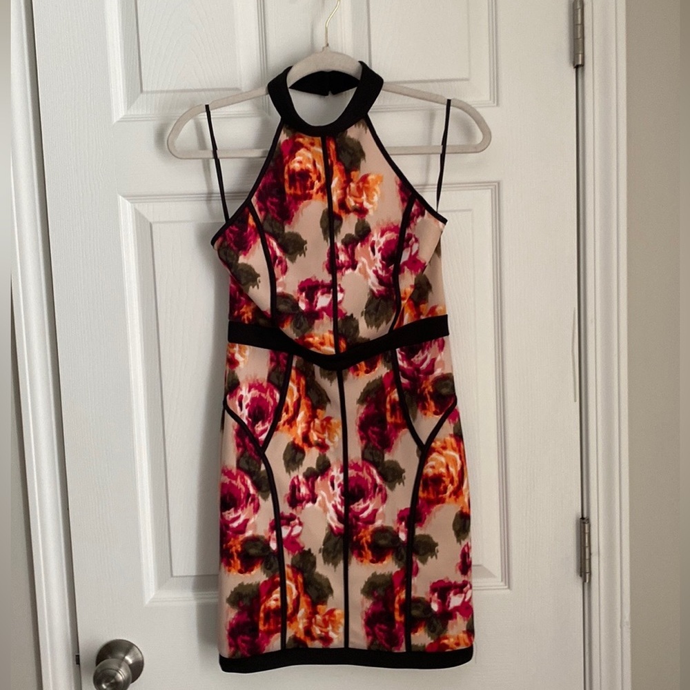 Women’s Forever 21‎ Floral Print Halter Mini Dress size Med Fuchsia/Black/Tan